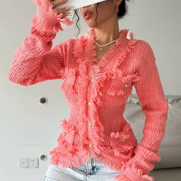Rebellious Rose Sweaters - Elenzga Ladies' Long Sleeve Cardigan With Fringed Edges, Buttoned Pockets